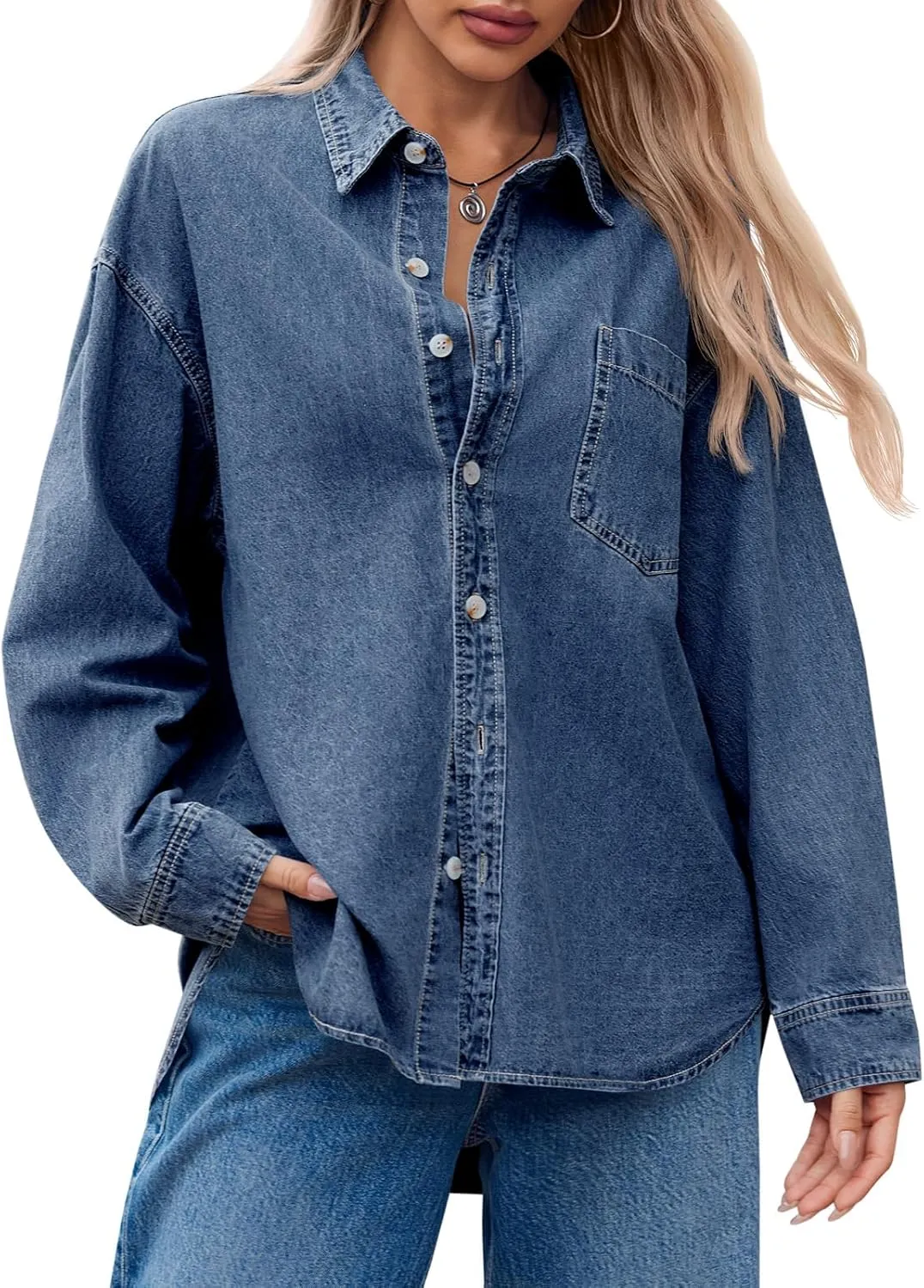 Cicy Bell Womens Oversized Denim Shirts Jackets Button Down Curved Hem Long Sleeve Jean Tops Shackets
