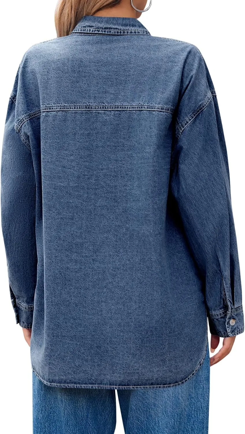 Cicy Bell Womens Oversized Denim Shirts Jackets Button Down Curved Hem Long Sleeve Jean Tops Shackets
