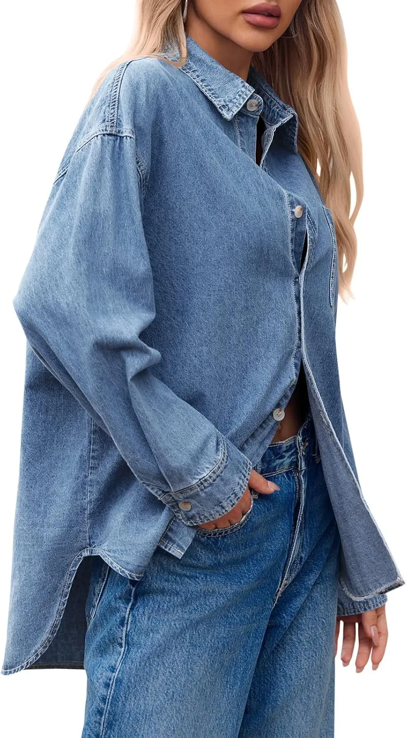 Cicy Bell Womens Oversized Denim Shirts Jackets Button Down Curved Hem Long Sleeve Jean Tops Shackets