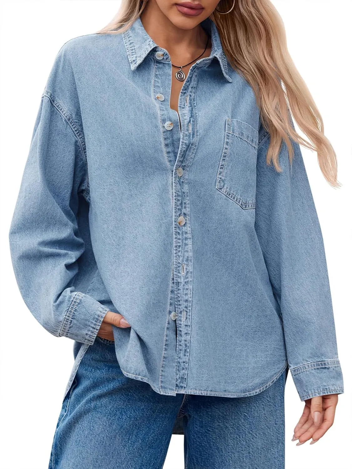 Cicy Bell Womens Oversized Denim Shirts Jackets Button Down Curved Hem Long Sleeve Jean Tops Shackets