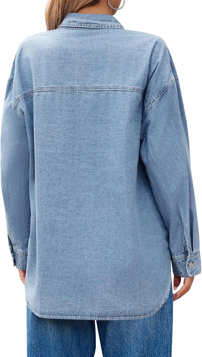 Cicy Bell Womens Oversized Denim Shirts Jackets Button Down Curved Hem Long Sleeve Jean Tops Shackets