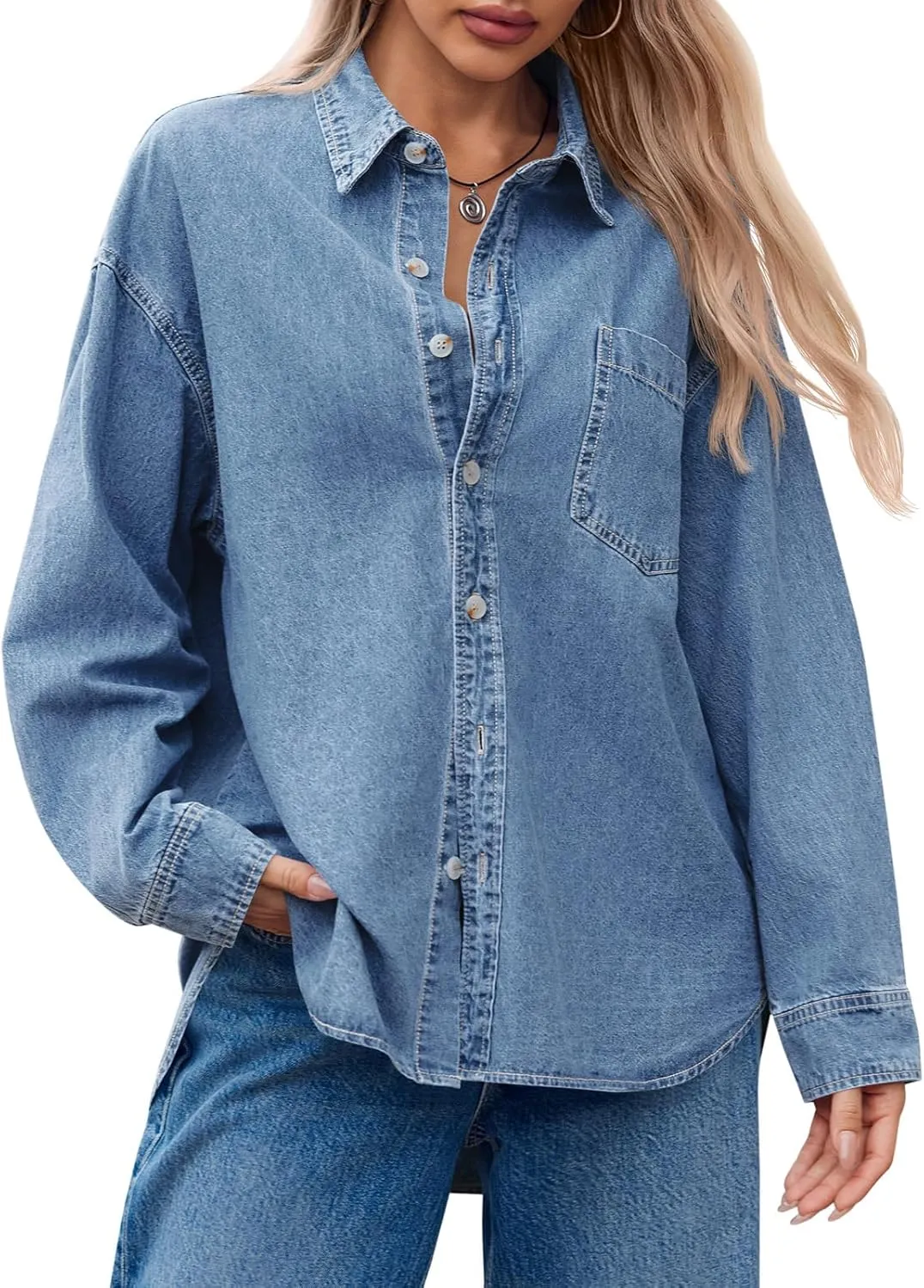 Cicy Bell Womens Oversized Denim Shirts Jackets Button Down Curved Hem Long Sleeve Jean Tops Shackets