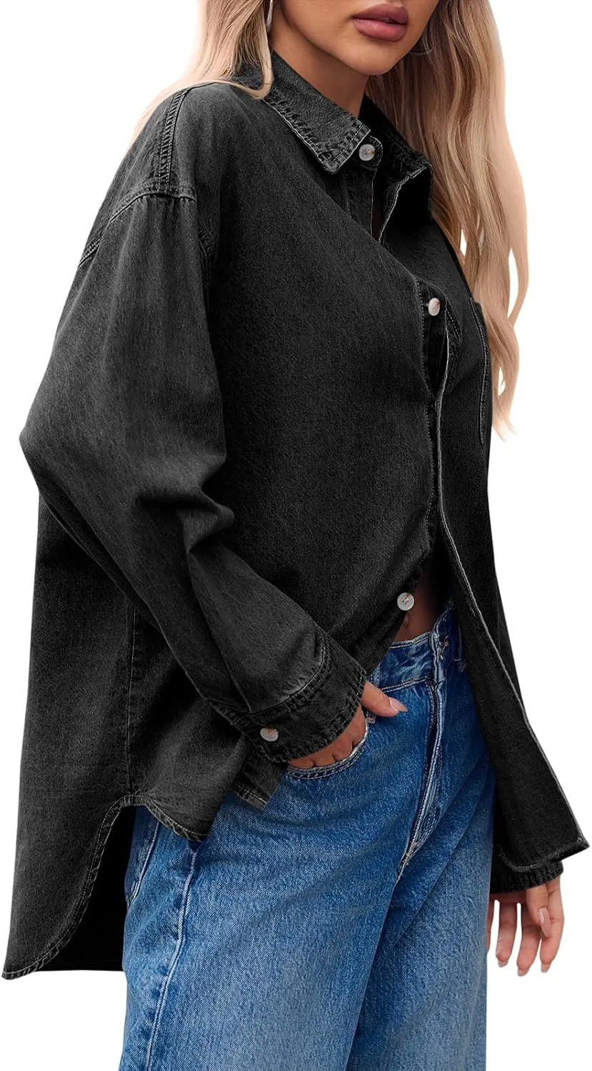 Cicy Bell Womens Oversized Denim Shirts Jackets Button Down Curved Hem Long Sleeve Jean Tops Shackets