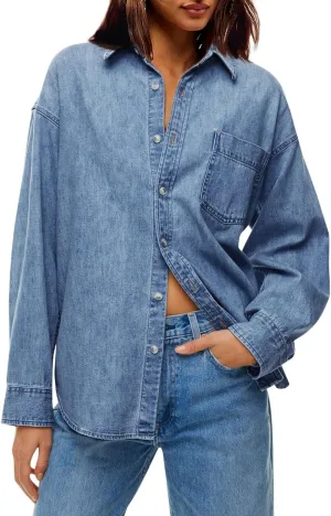 Cicy Bell Womens Oversized Denim Shirts Jackets Button Down Curved Hem Long Sleeve Jean Tops Shackets