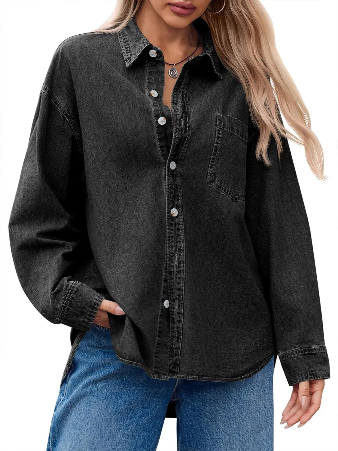 Cicy Bell Womens Oversized Denim Shirts Jackets Button Down Curved Hem Long Sleeve Jean Tops Shackets