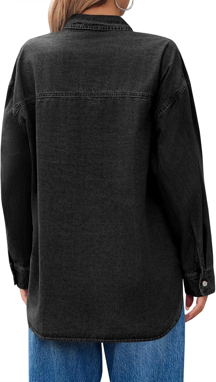 Cicy Bell Womens Oversized Denim Shirts Jackets Button Down Curved Hem Long Sleeve Jean Tops Shackets