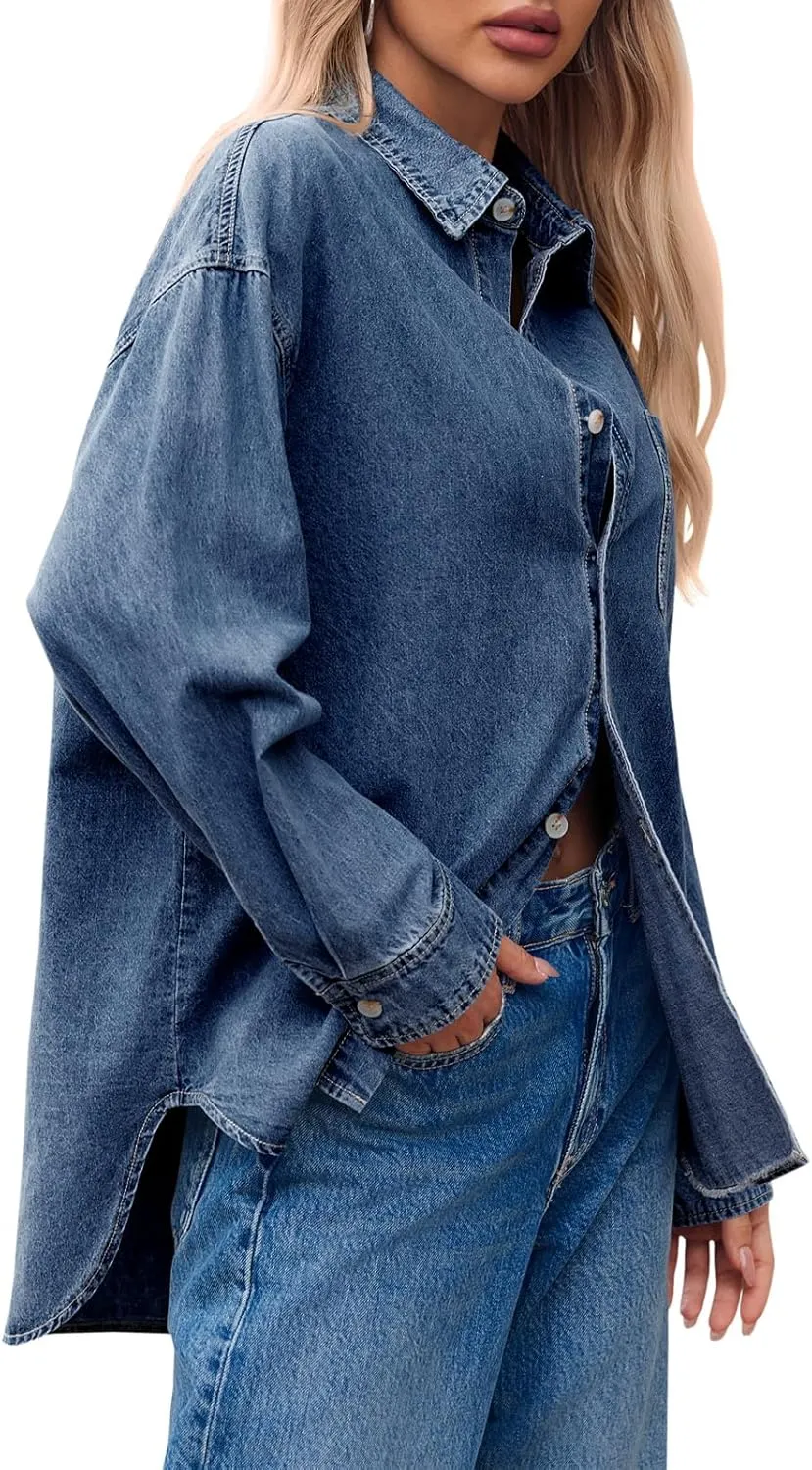 Cicy Bell Womens Oversized Denim Shirts Jackets Button Down Curved Hem Long Sleeve Jean Tops Shackets