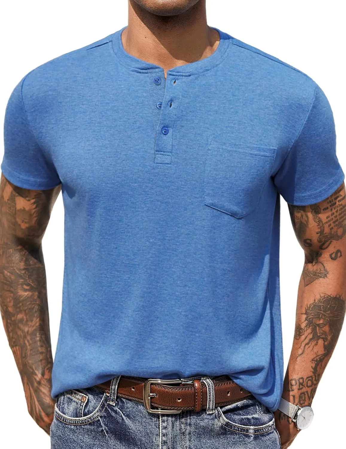 COOFANDY Men Casual Henley Shirt Short Sleeve Summer Basic T Shirt Pocket Soild Button Tee Top