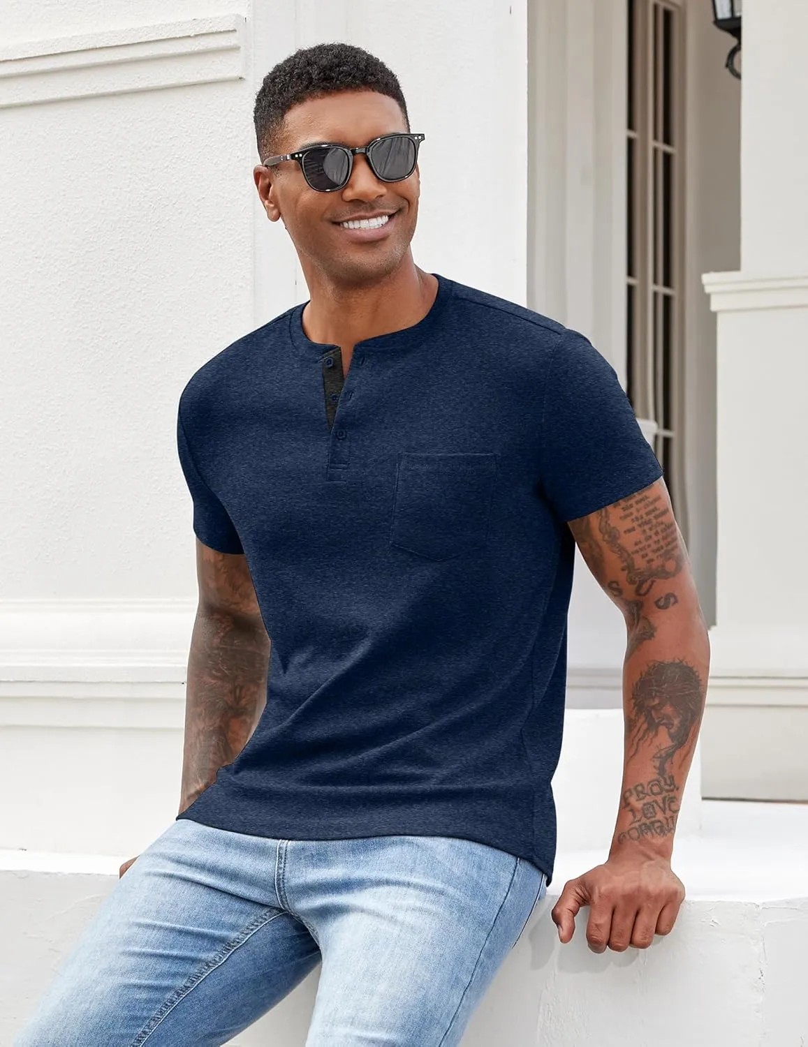 COOFANDY Men Casual Henley Shirt Short Sleeve Summer Basic T Shirt Pocket Soild Button Tee Top