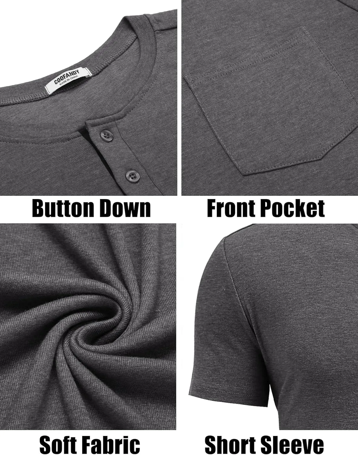 COOFANDY Men Casual Henley Shirt Short Sleeve Summer Basic T Shirt Pocket Soild Button Tee Top
