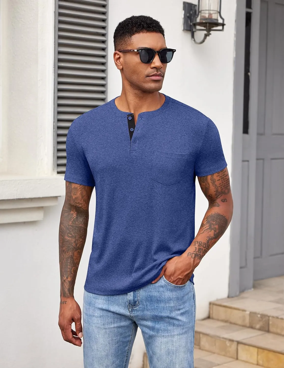 COOFANDY Men Casual Henley Shirt Short Sleeve Summer Basic T Shirt Pocket Soild Button Tee Top