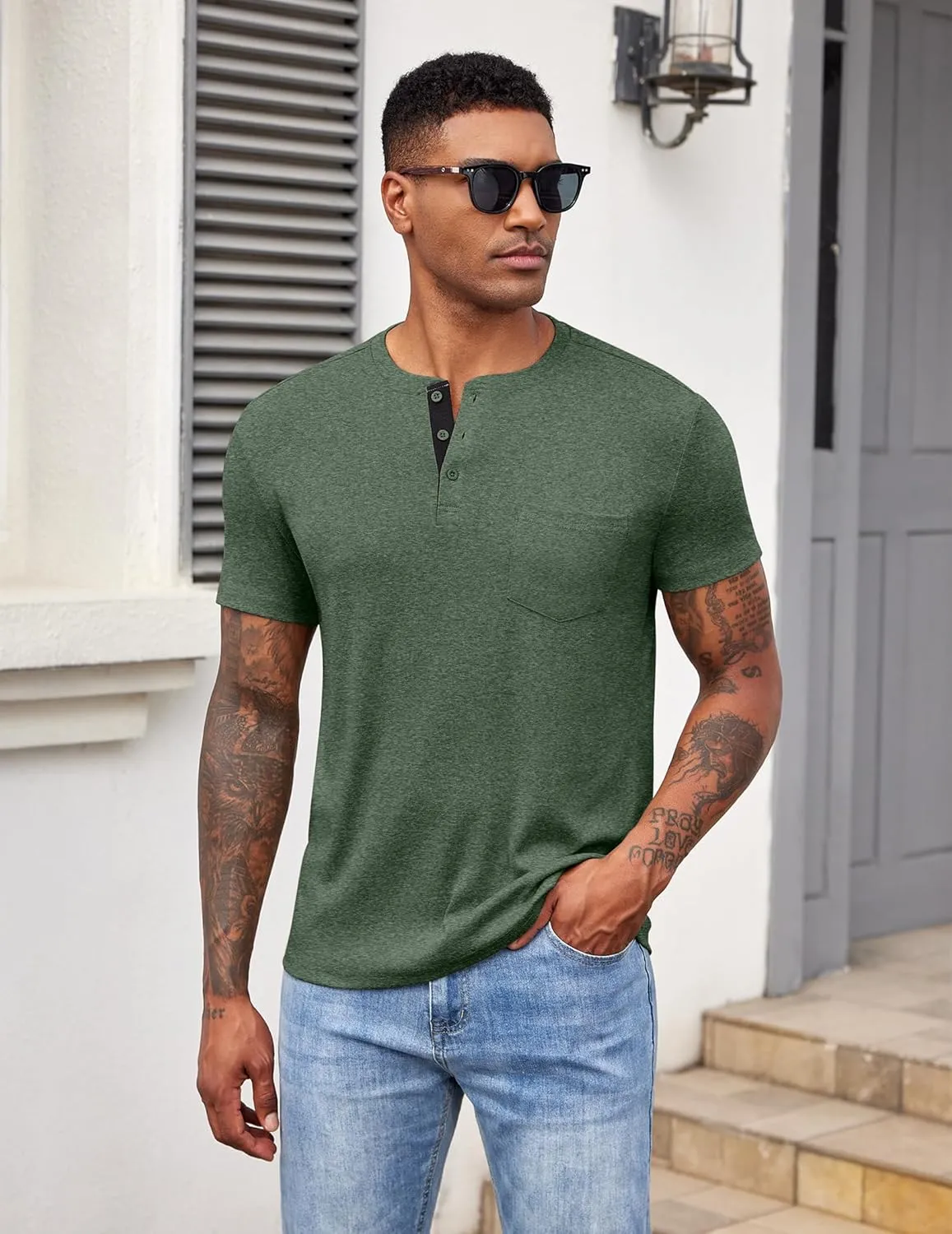 COOFANDY Men Casual Henley Shirt Short Sleeve Summer Basic T Shirt Pocket Soild Button Tee Top