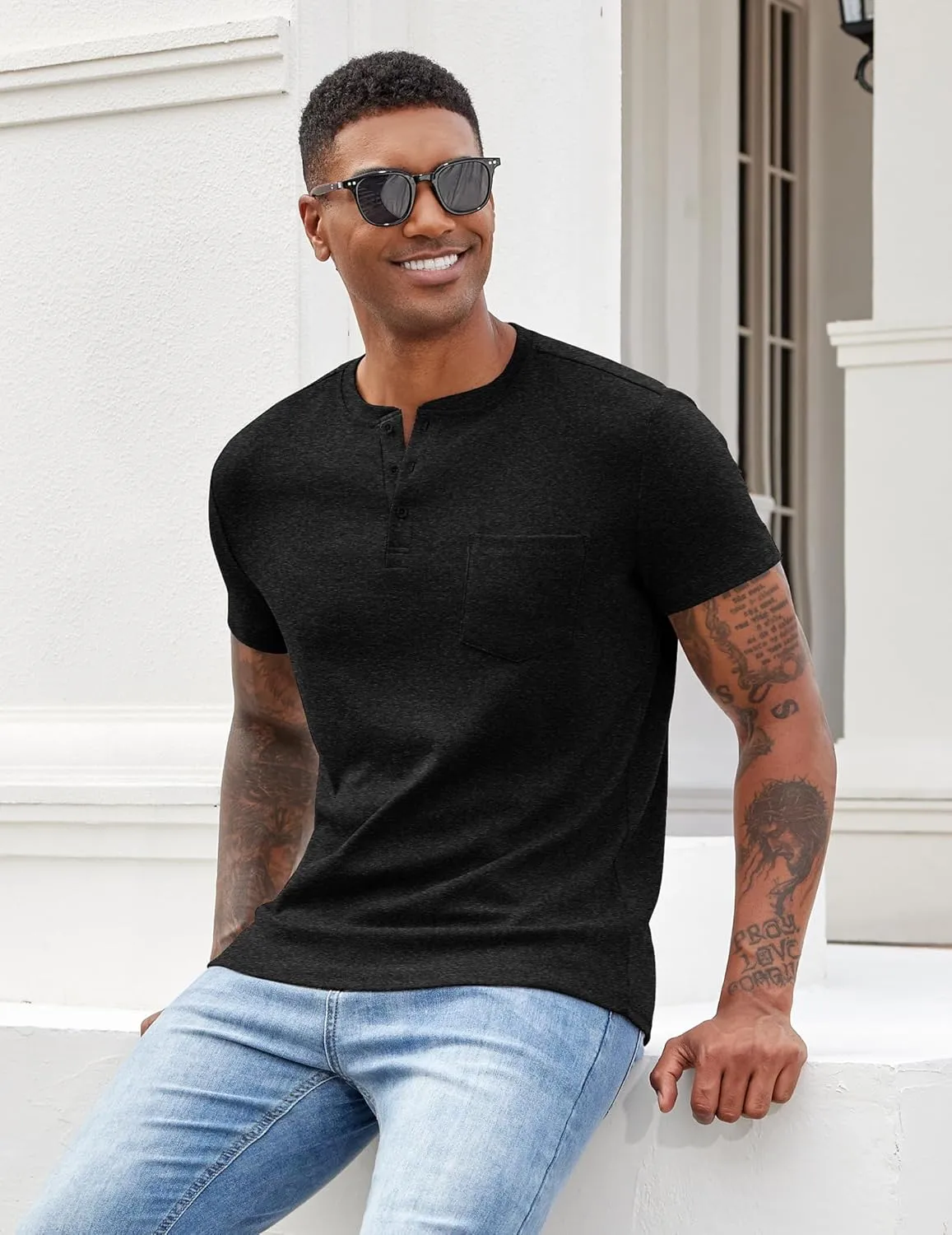 COOFANDY Men Casual Henley Shirt Short Sleeve Summer Basic T Shirt Pocket Soild Button Tee Top