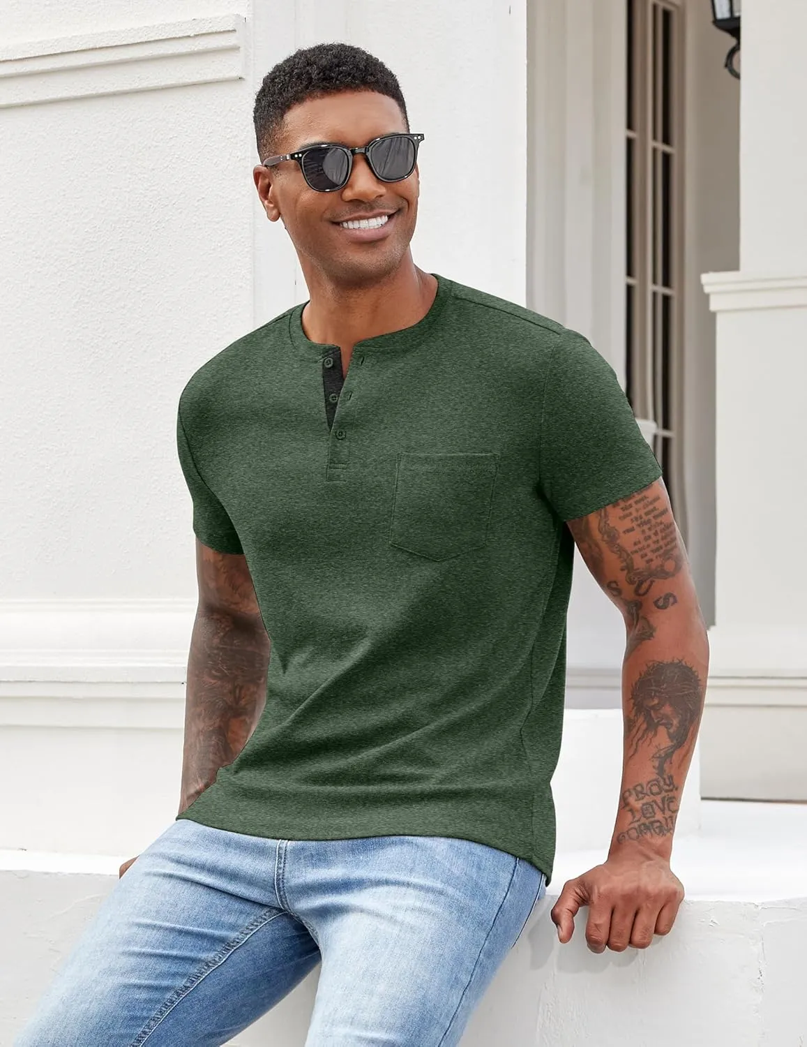COOFANDY Men Casual Henley Shirt Short Sleeve Summer Basic T Shirt Pocket Soild Button Tee Top