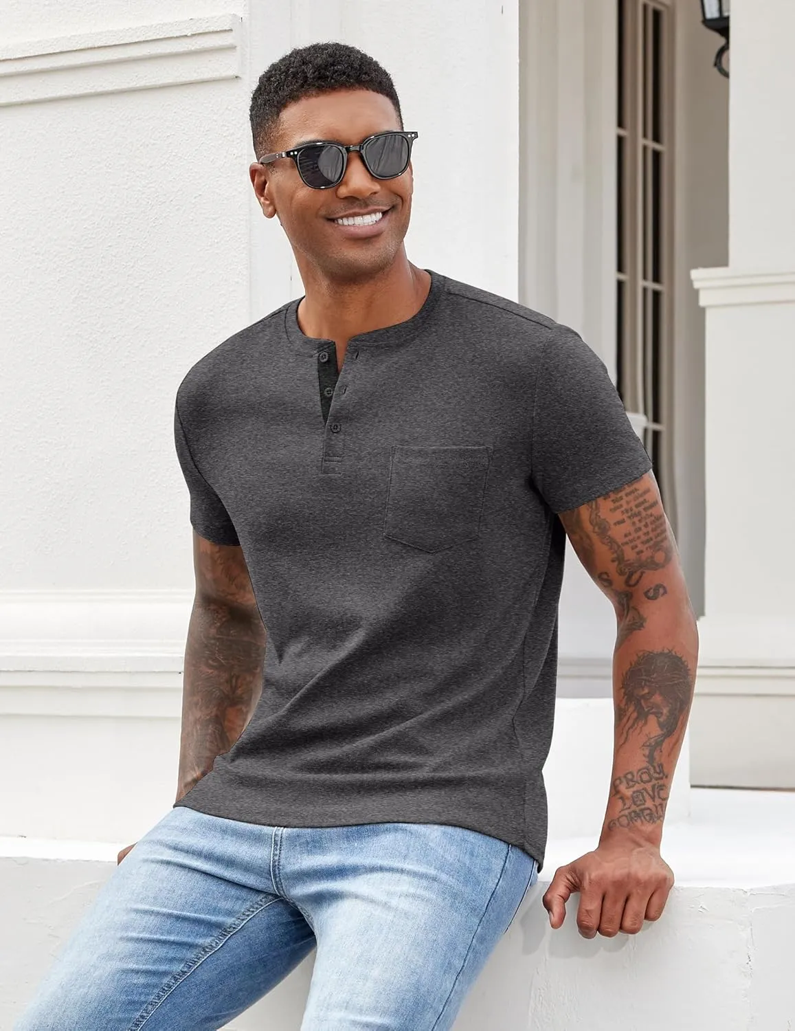 COOFANDY Men Casual Henley Shirt Short Sleeve Summer Basic T Shirt Pocket Soild Button Tee Top