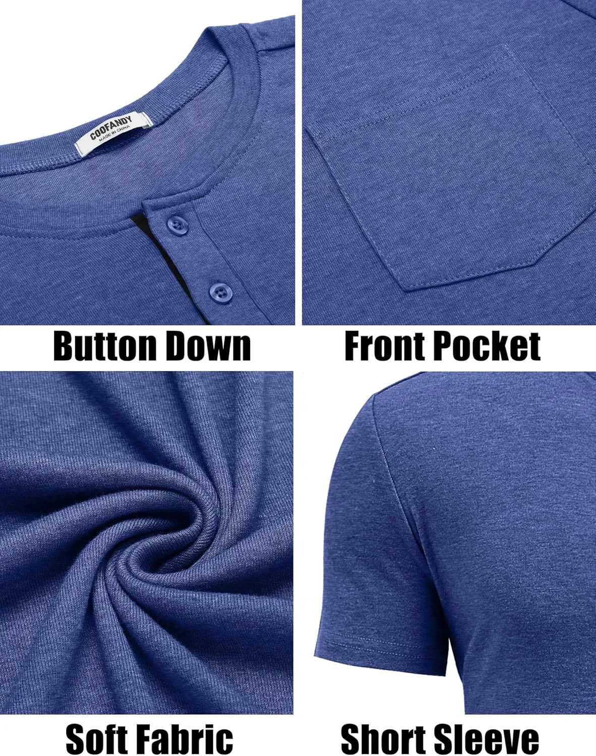 COOFANDY Men Casual Henley Shirt Short Sleeve Summer Basic T Shirt Pocket Soild Button Tee Top