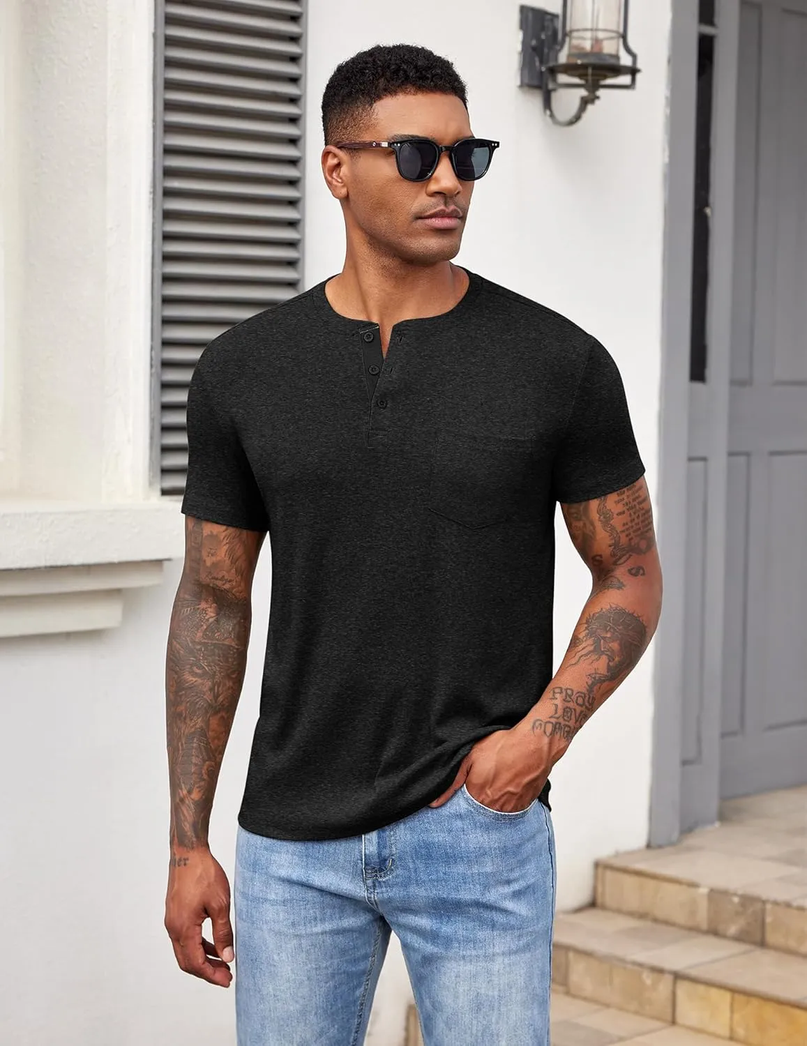 COOFANDY Men Casual Henley Shirt Short Sleeve Summer Basic T Shirt Pocket Soild Button Tee Top