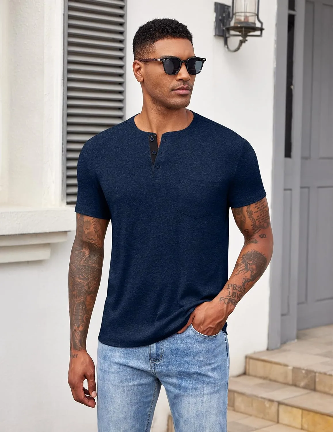 COOFANDY Men Casual Henley Shirt Short Sleeve Summer Basic T Shirt Pocket Soild Button Tee Top