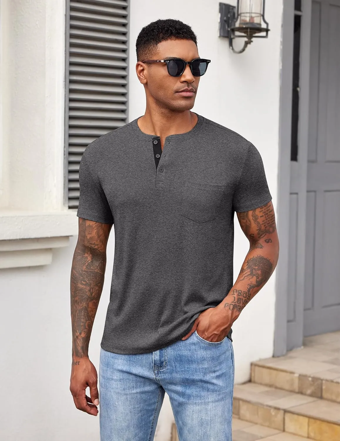 COOFANDY Men Casual Henley Shirt Short Sleeve Summer Basic T Shirt Pocket Soild Button Tee Top