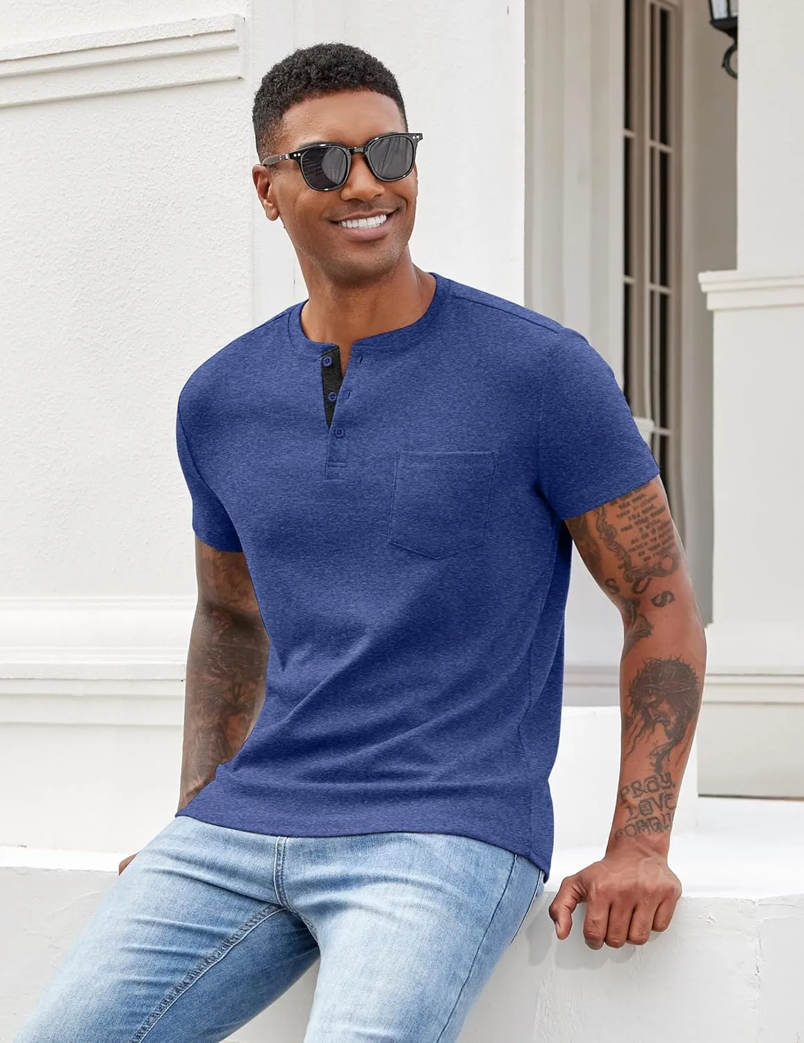COOFANDY Men Casual Henley Shirt Short Sleeve Summer Basic T Shirt Pocket Soild Button Tee Top