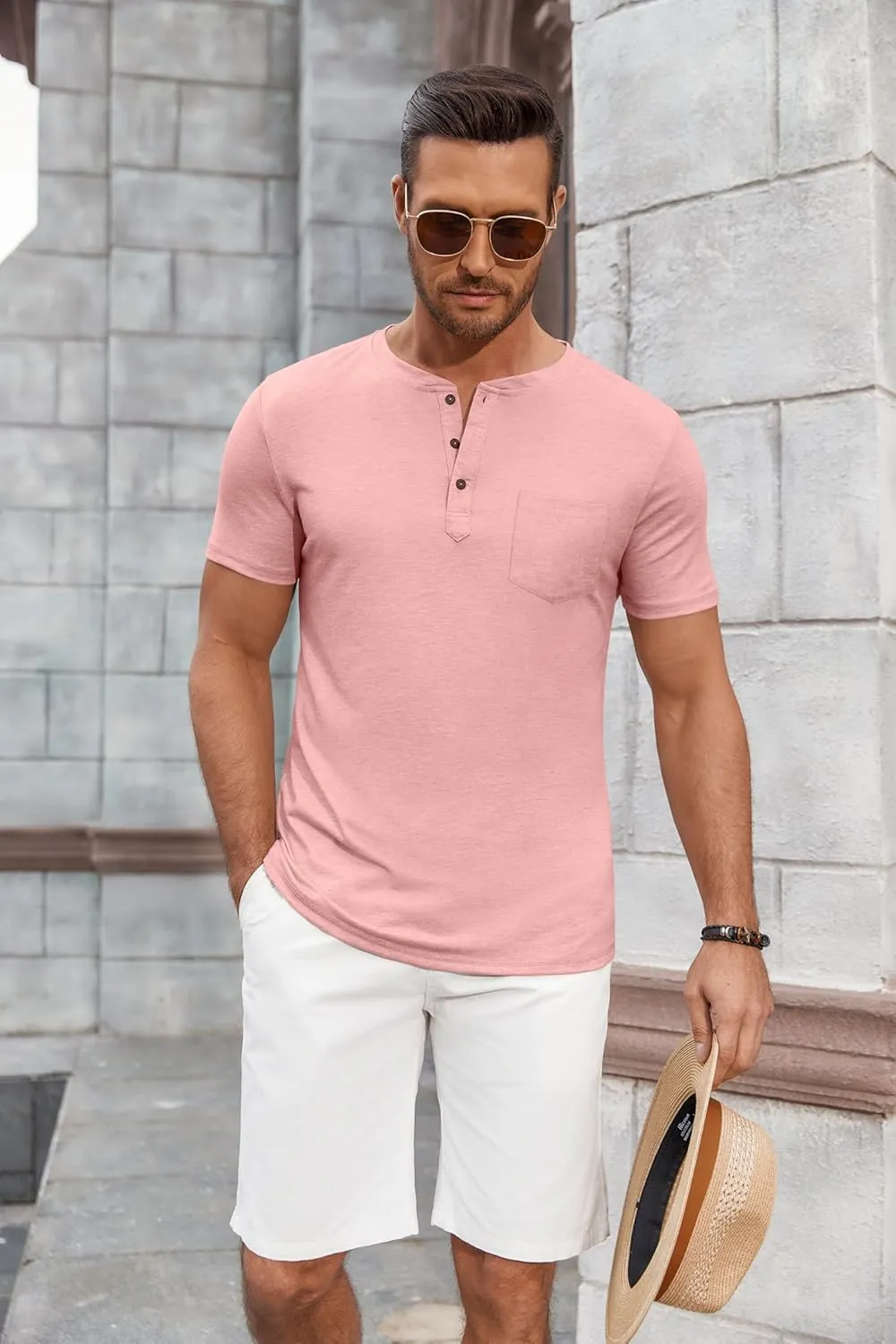 COOFANDY Men's Casual Henley Shirts Short Sleeve Pocket T-Shirts Lightweight Button Henley Pullover Basic Tees