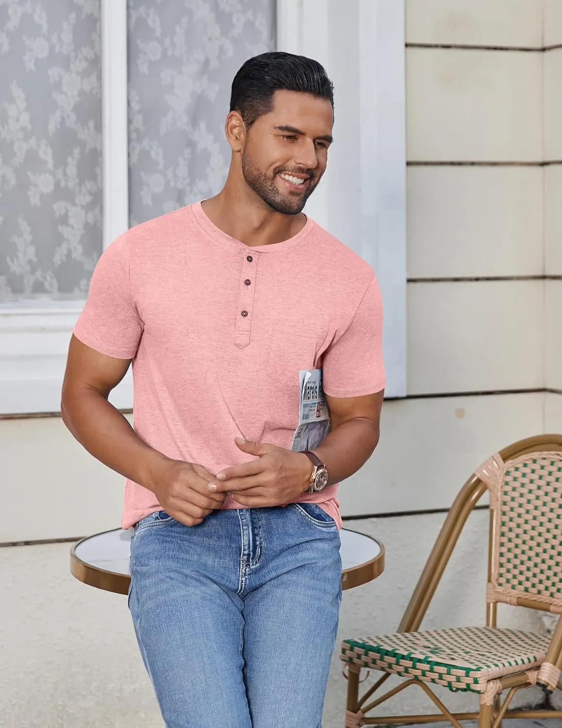 COOFANDY Men's Casual Henley Shirts Short Sleeve Pocket T-Shirts Lightweight Button Henley Pullover Basic Tees