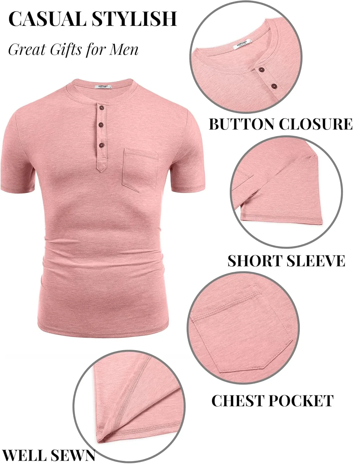 COOFANDY Men's Casual Henley Shirts Short Sleeve Pocket T-Shirts Lightweight Button Henley Pullover Basic Tees