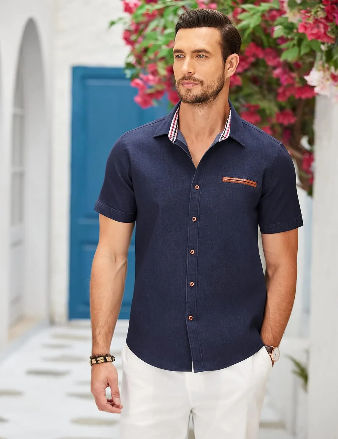 COOFANDY Men's Casual Short Sleeve Button Down Dress Shirt Plaid Collar Denim Work Shirts