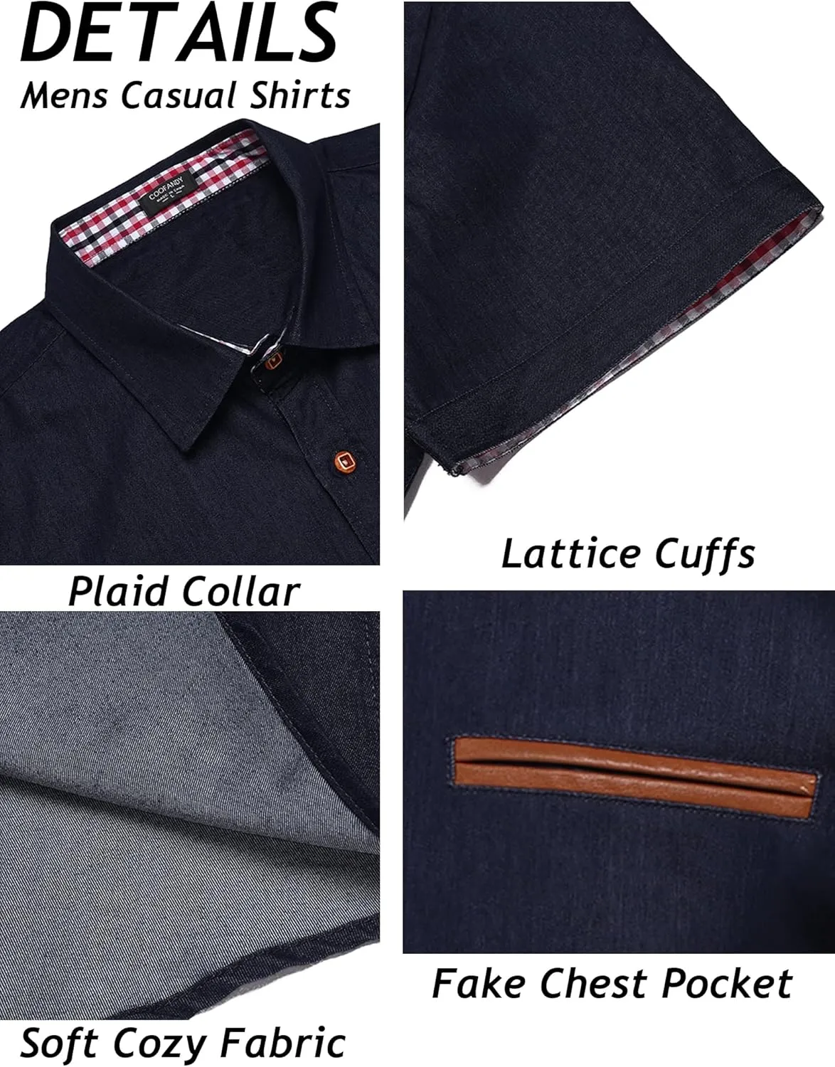 COOFANDY Men's Casual Short Sleeve Button Down Dress Shirt Plaid Collar Denim Work Shirts