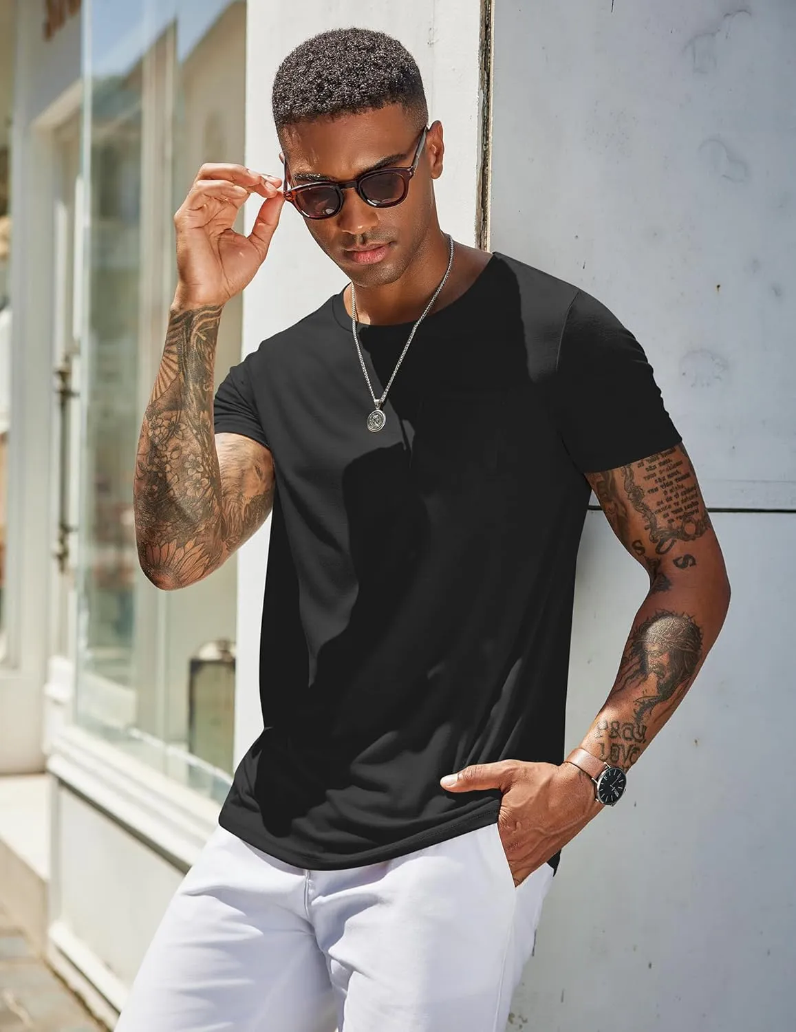 COOFANDY Men's Cotton Pocket Tee Shirts Soft Crew Neck Stretch T Shirt Plain Casual Short Sleeve Summer Basic Tops