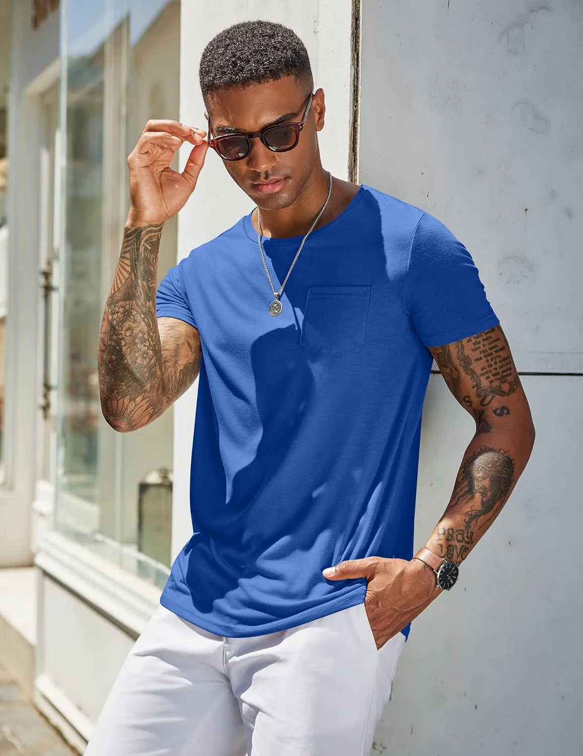 COOFANDY Men's Cotton Pocket Tee Shirts Soft Crew Neck Stretch T Shirt Plain Casual Short Sleeve Summer Basic Tops
