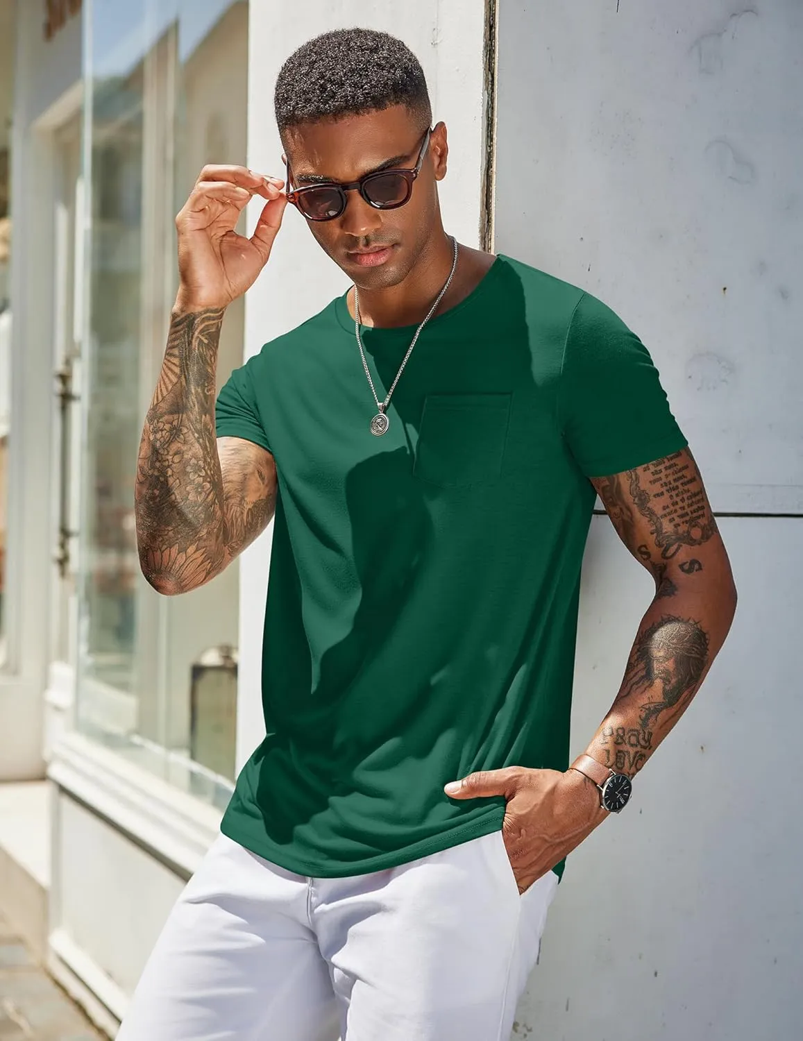 COOFANDY Men's Cotton Pocket Tee Shirts Soft Crew Neck Stretch T Shirt Plain Casual Short Sleeve Summer Basic Tops