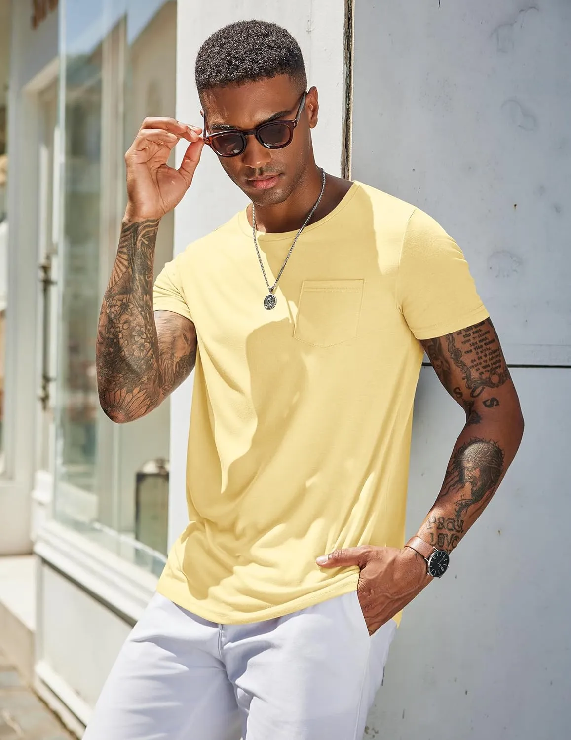 COOFANDY Men's Cotton Pocket Tee Shirts Soft Crew Neck Stretch T Shirt Plain Casual Short Sleeve Summer Basic Tops