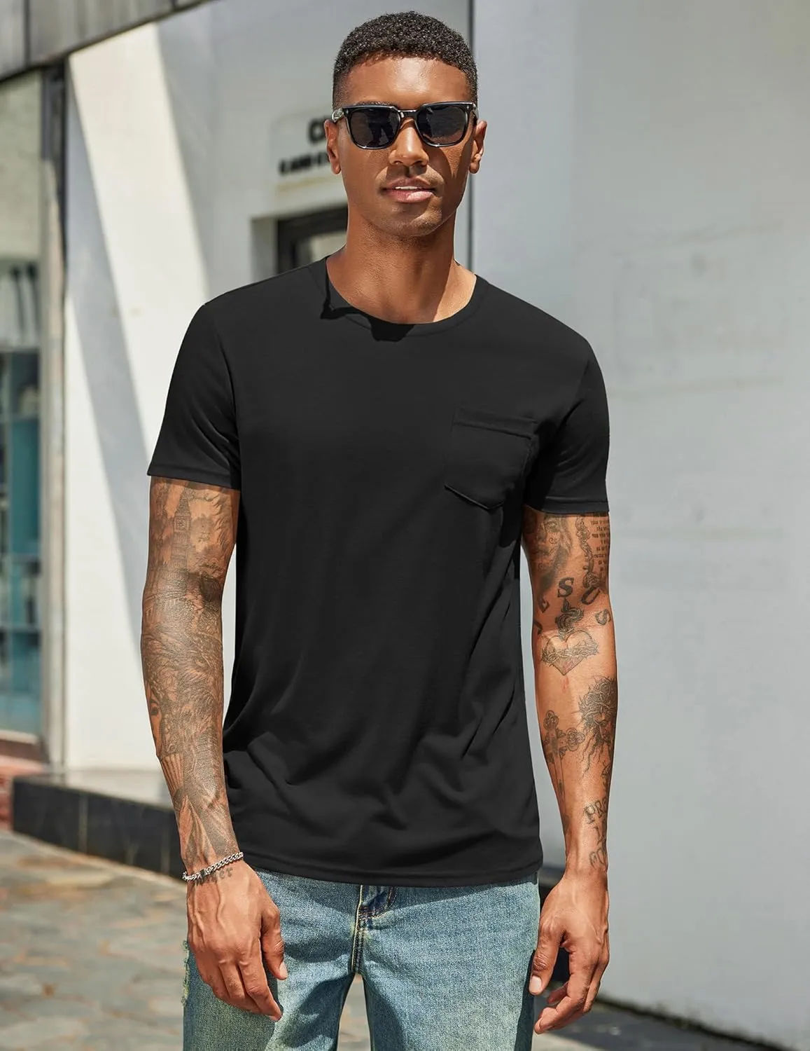 COOFANDY Men's Cotton Pocket Tee Shirts Soft Crew Neck Stretch T Shirt Plain Casual Short Sleeve Summer Basic Tops