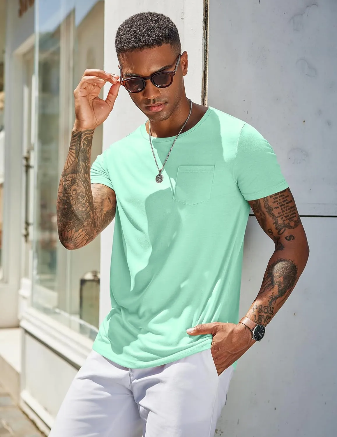 COOFANDY Men's Cotton Pocket Tee Shirts Soft Crew Neck Stretch T Shirt Plain Casual Short Sleeve Summer Basic Tops