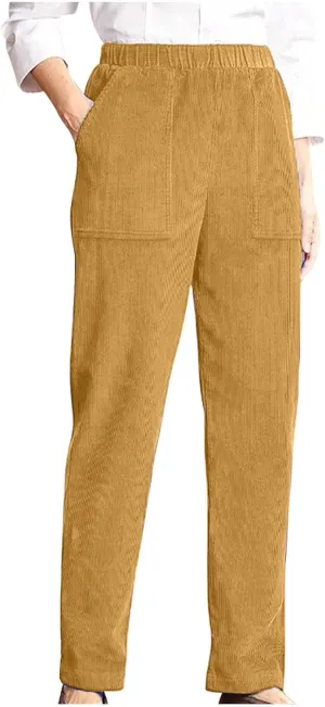 Corduroy Casual Capris Pants for Women Elastic High Waist Straight Leg Work Pants Soft Stretchy Comfy Vintage Trousers