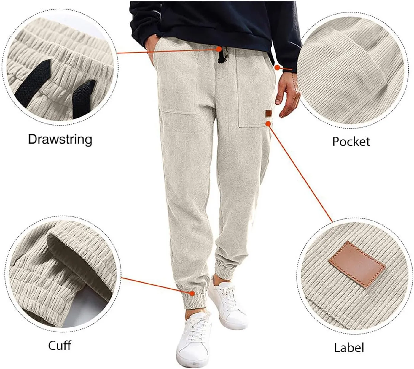 Corduroy Joggers Pants for Mens Casual Cargo Pants Drawstring Elastic Waist Baggy Tapered Sport Sweatpants with Pocket