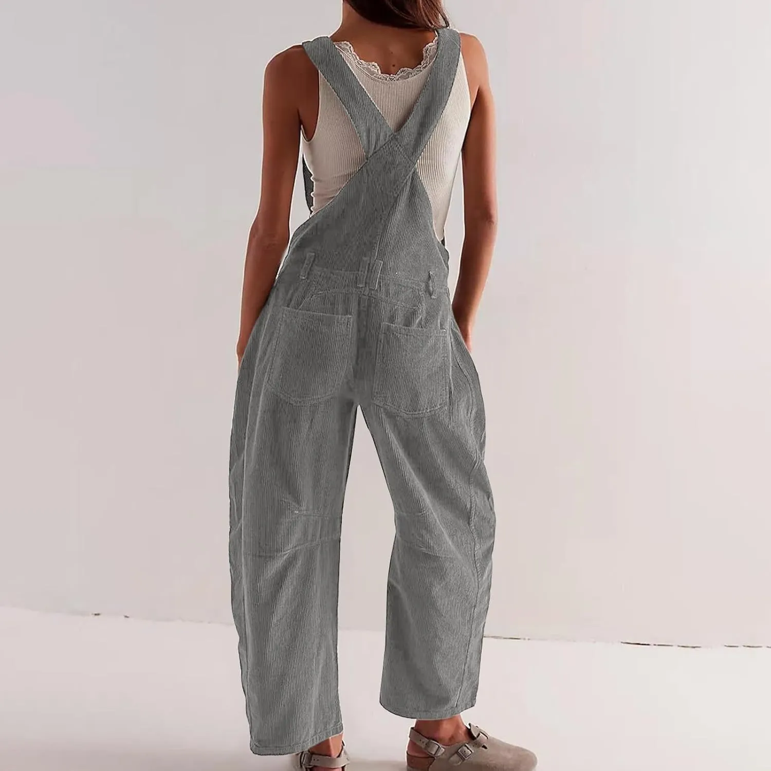 Corduroy Overalls for Women Casual Retro Barrel Wide Leg Bib Pants Adjustable Strap Tapered Rompers with Pockets 2025