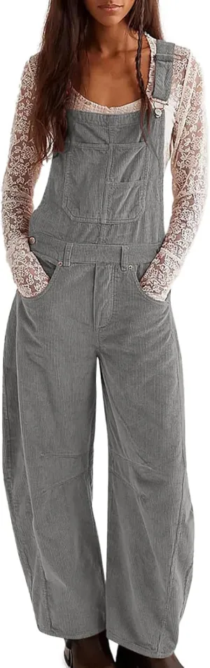 Corduroy Overalls for Women Casual Retro Barrel Wide Leg Bib Pants Adjustable Strap Tapered Rompers with Pockets 2025