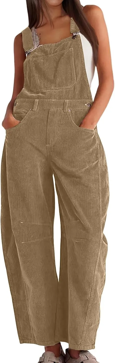 Corduroy Overalls for Women Casual Retro Barrel Wide Leg Bib Pants Adjustable Strap Tapered Rompers with Pockets 2025