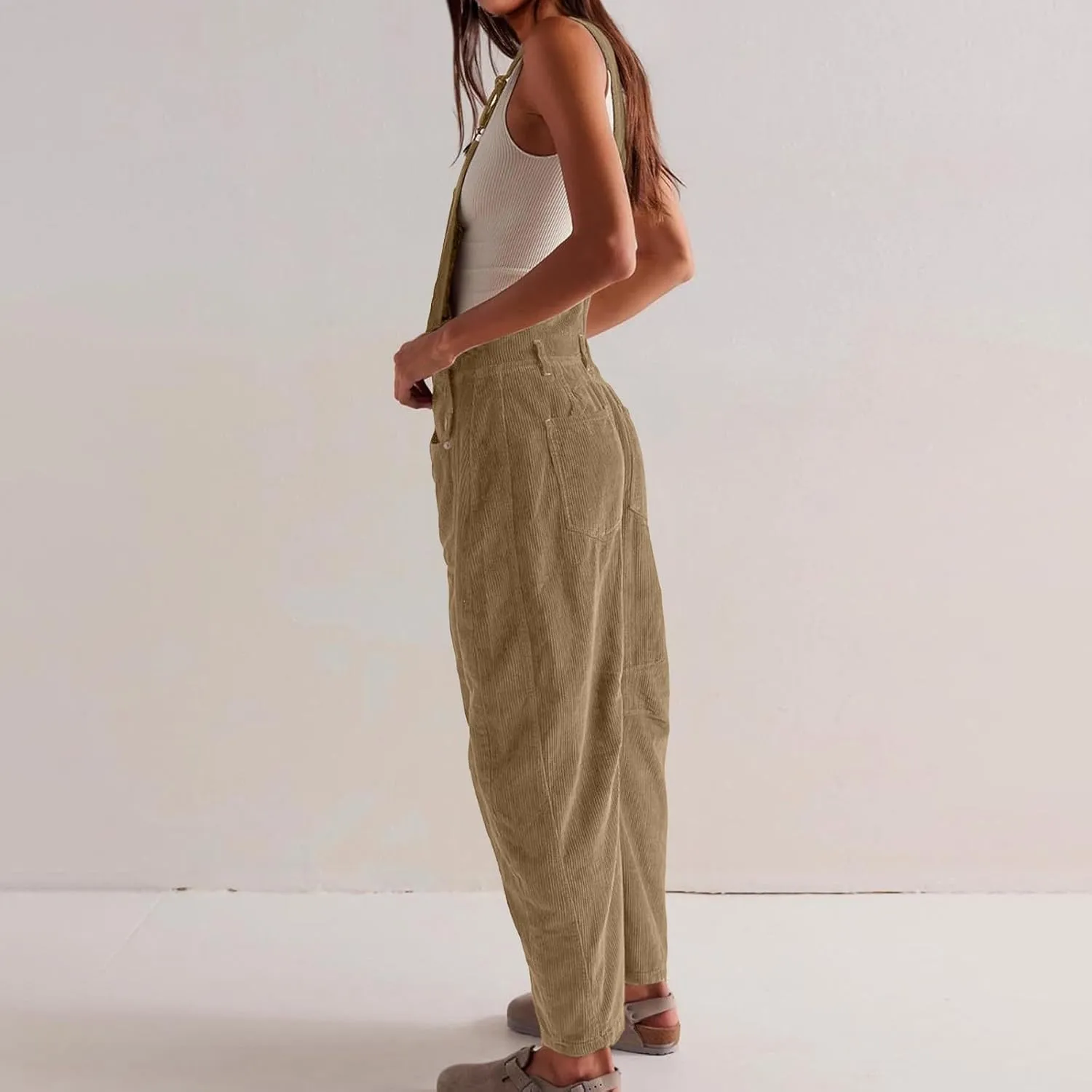 Corduroy Overalls for Women Casual Retro Barrel Wide Leg Bib Pants Adjustable Strap Tapered Rompers with Pockets 2025