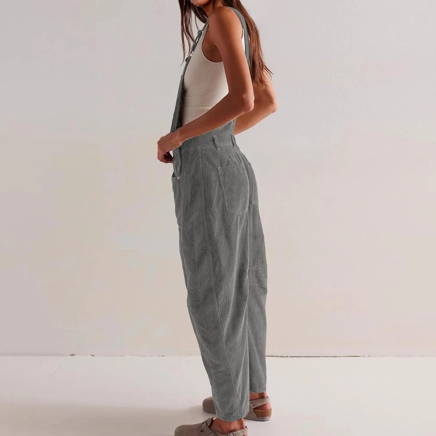 Corduroy Overalls for Women Casual Retro Barrel Wide Leg Bib Pants Adjustable Strap Tapered Rompers with Pockets 2025