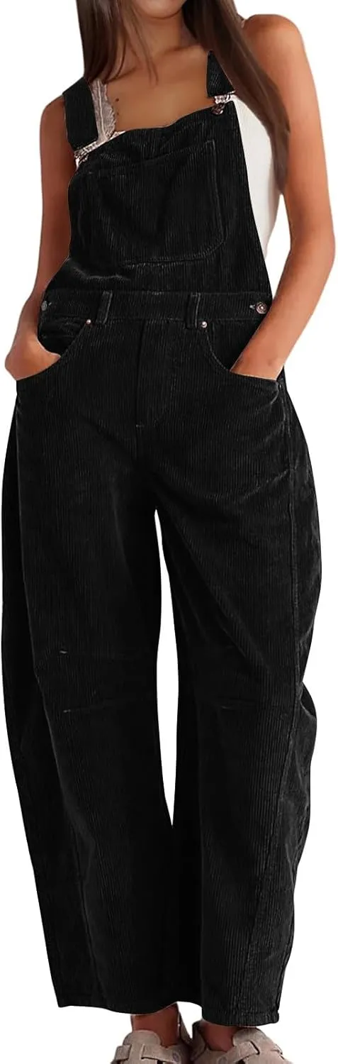Corduroy Overalls for Women Casual Retro Barrel Wide Leg Bib Pants Adjustable Strap Tapered Rompers with Pockets 2025
