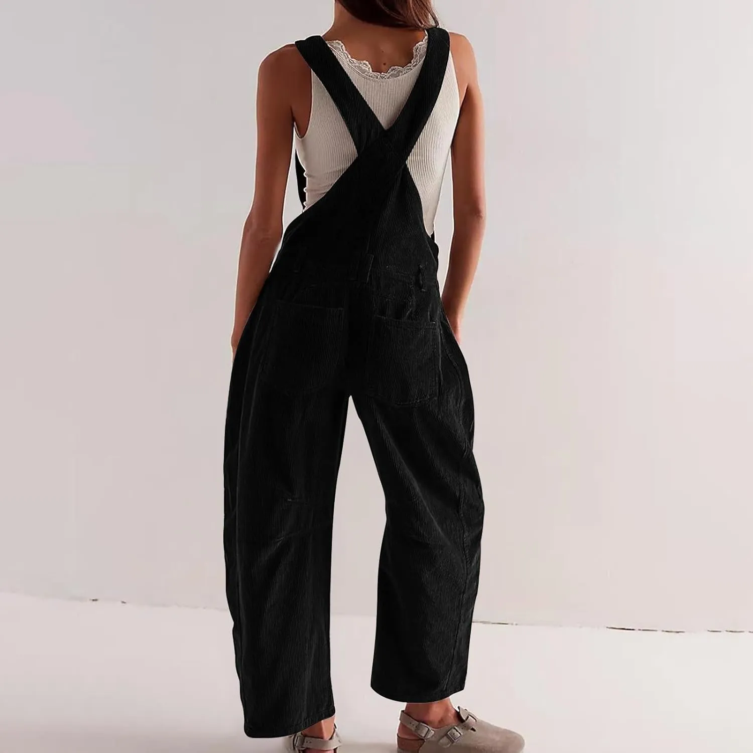 Corduroy Overalls for Women Casual Retro Barrel Wide Leg Bib Pants Adjustable Strap Tapered Rompers with Pockets 2025