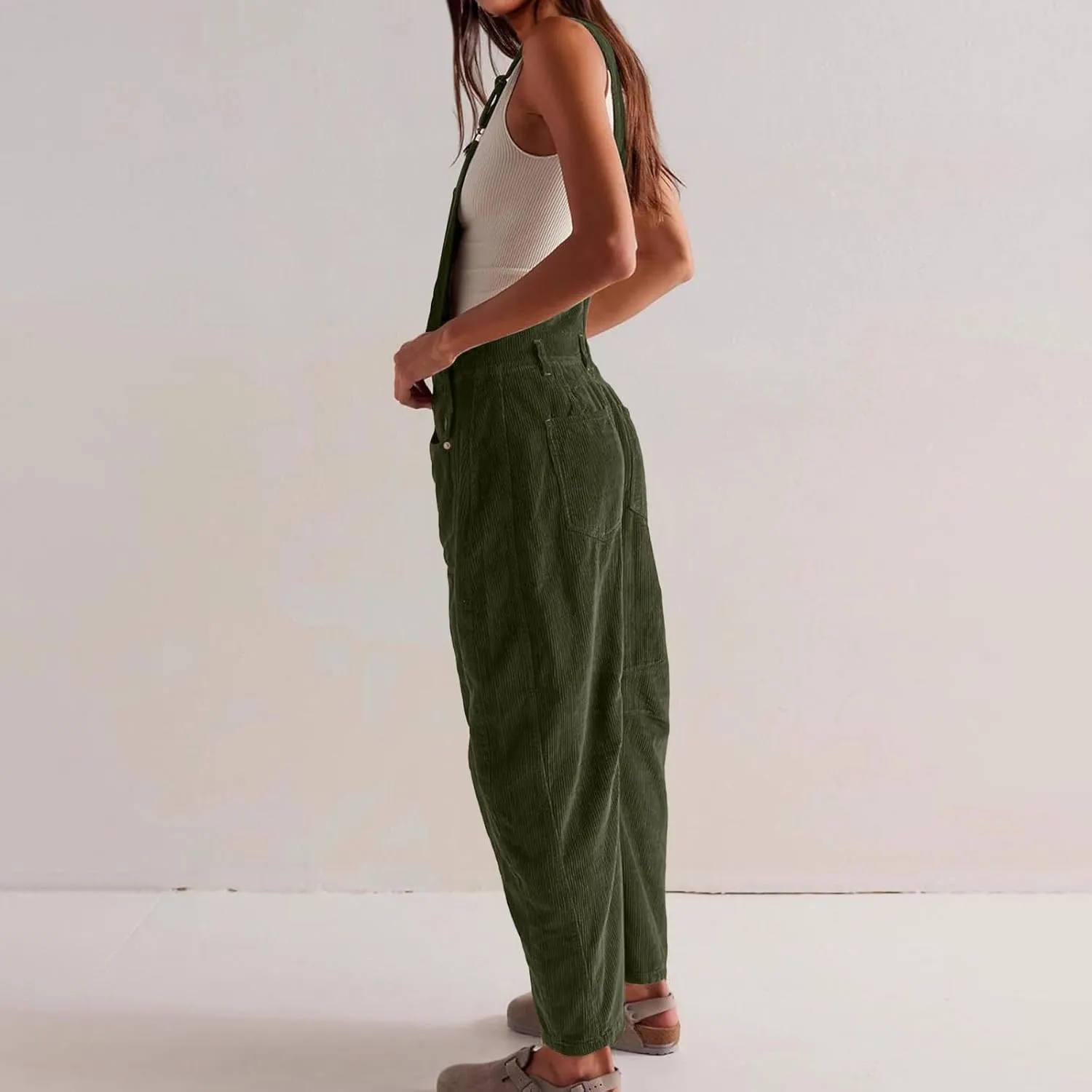 Corduroy Overalls for Women Casual Retro Barrel Wide Leg Bib Pants Adjustable Strap Tapered Rompers with Pockets 2025