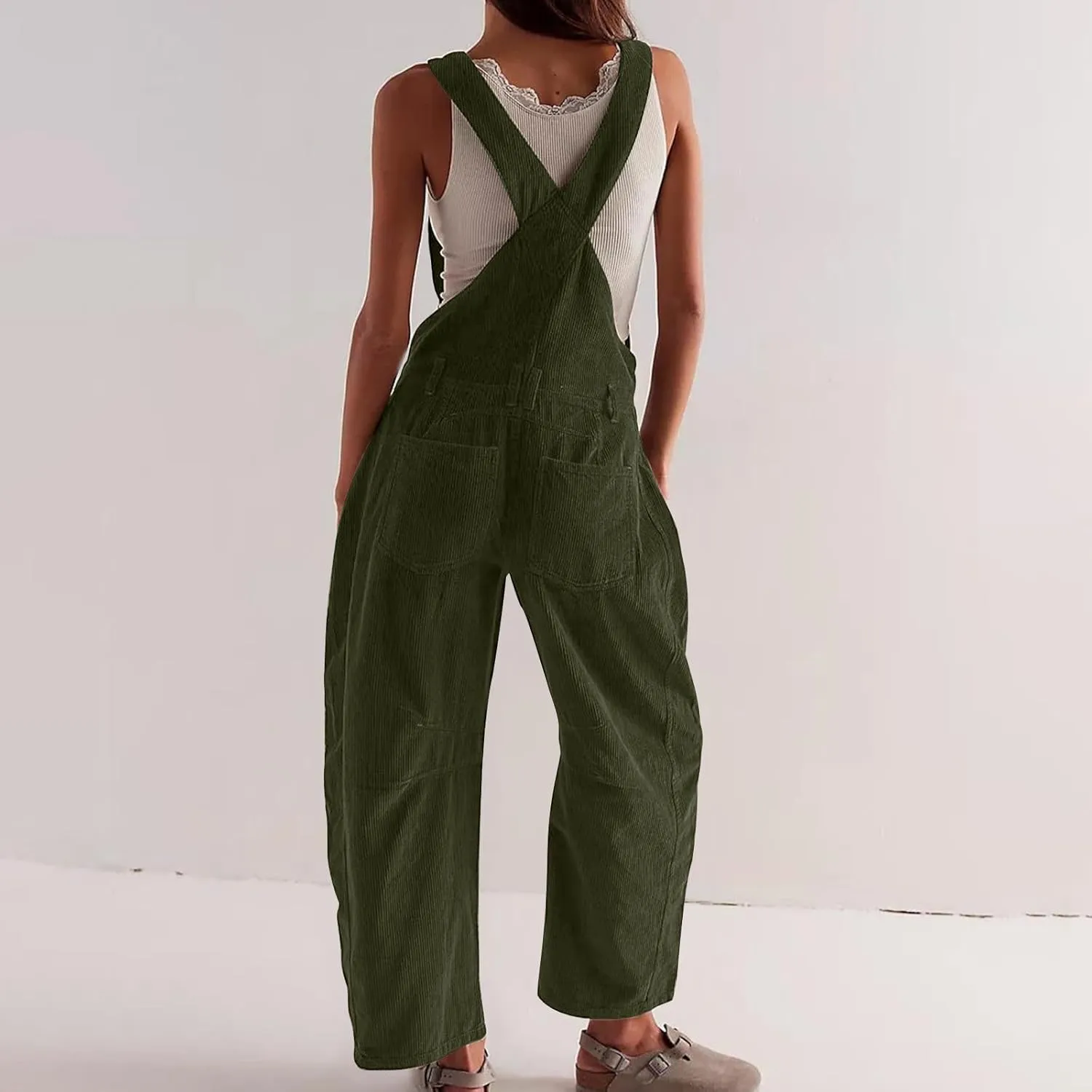 Corduroy Overalls for Women Casual Retro Barrel Wide Leg Bib Pants Adjustable Strap Tapered Rompers with Pockets 2025