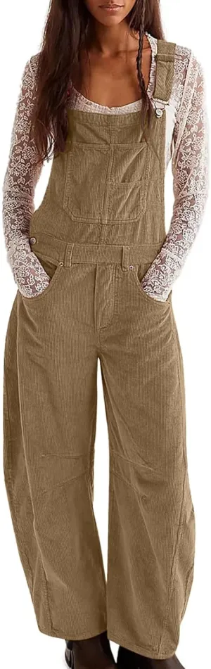 Corduroy Overalls for Women Casual Retro Barrel Wide Leg Bib Pants Adjustable Strap Tapered Rompers with Pockets 2025