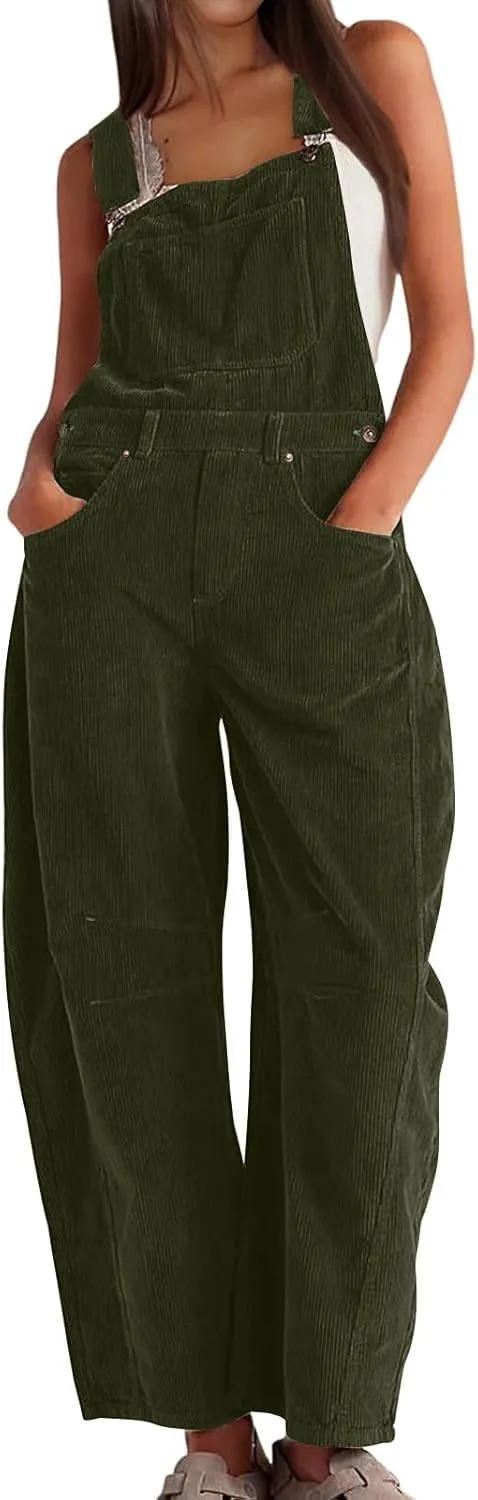 Corduroy Overalls for Women Casual Retro Barrel Wide Leg Bib Pants Adjustable Strap Tapered Rompers with Pockets 2025