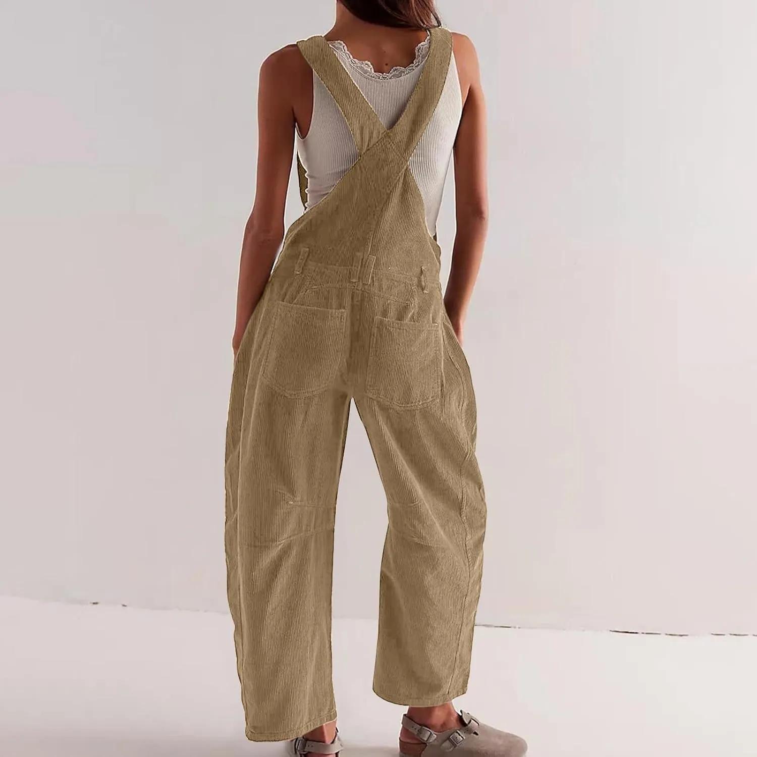 Corduroy Overalls for Women Casual Retro Barrel Wide Leg Bib Pants Adjustable Strap Tapered Rompers with Pockets 2025