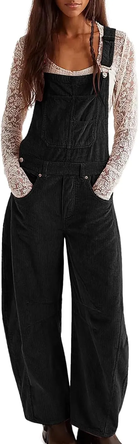 Corduroy Overalls for Women Casual Retro Barrel Wide Leg Bib Pants Adjustable Strap Tapered Rompers with Pockets 2025
